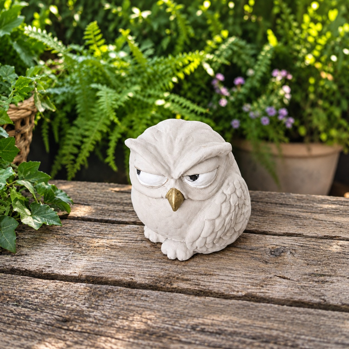 Three-quarter view of The Little Critic cast stone owl sculpture on a rustic garden bench