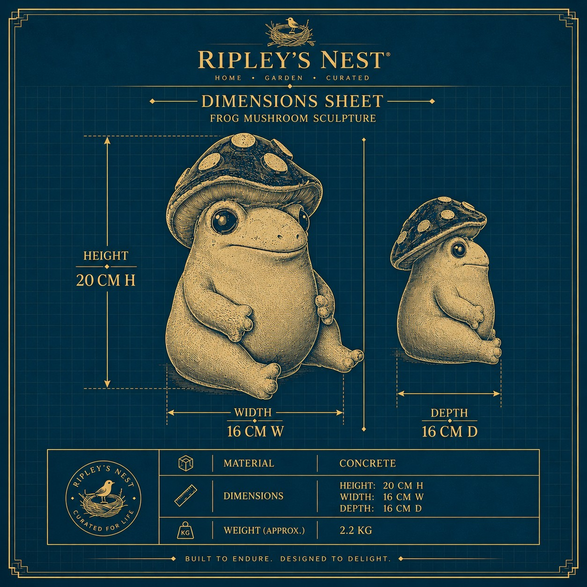 Dimensions sheet for Mallowcap frog mushroom sculpture showing 20 cm high by 16 cm wide by 16 cm deep