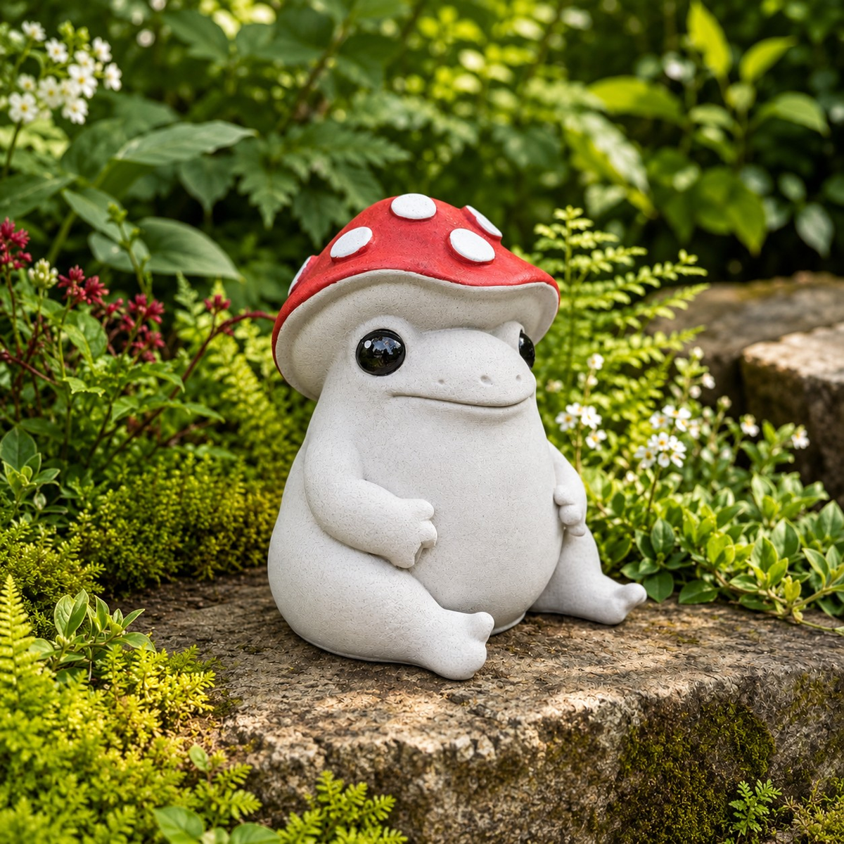 Mallowcap cast stone mushroom frog garden ornament with red spotted cap in a green garden setting