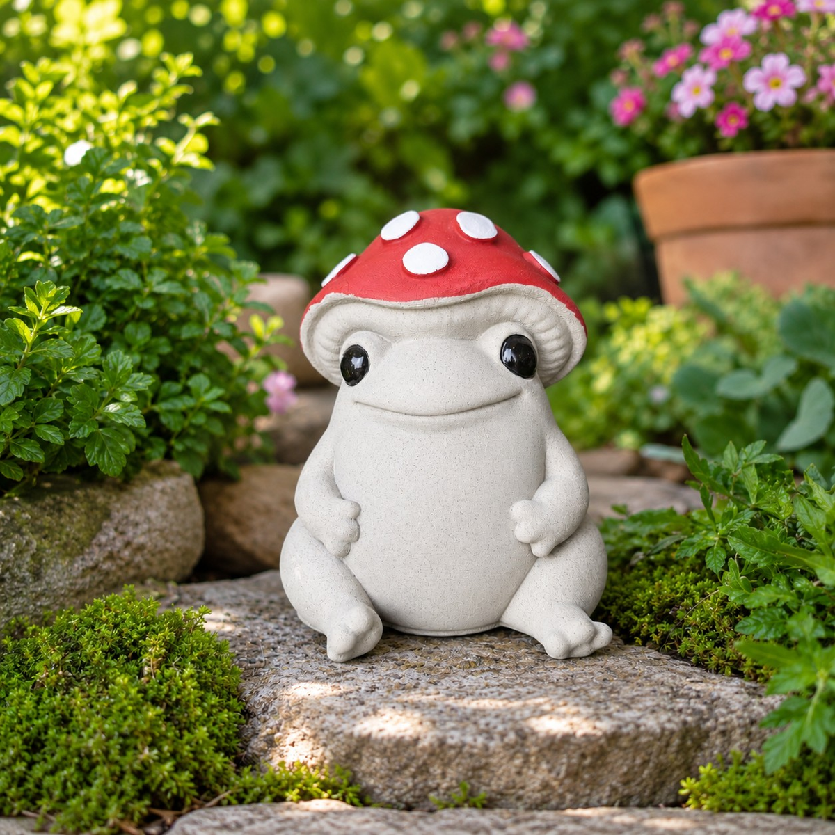 Front view of Mallowcap mushroom frog ornament with red toadstool cap and black eyes