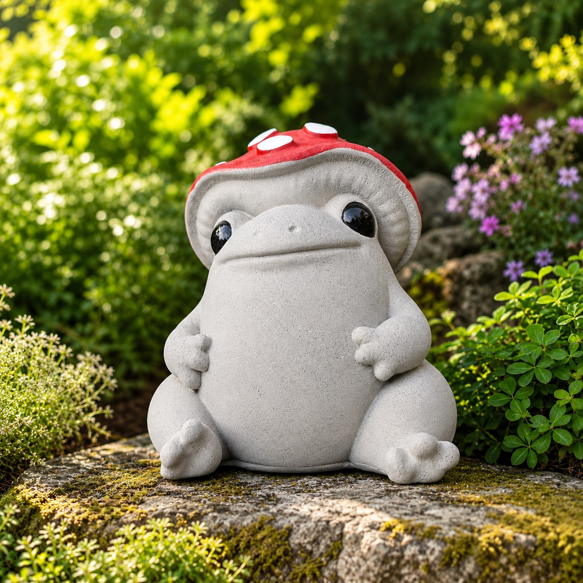 Close front detail of Mallowcap cast stone mushroom frog sculpture with smooth belly and red cap
