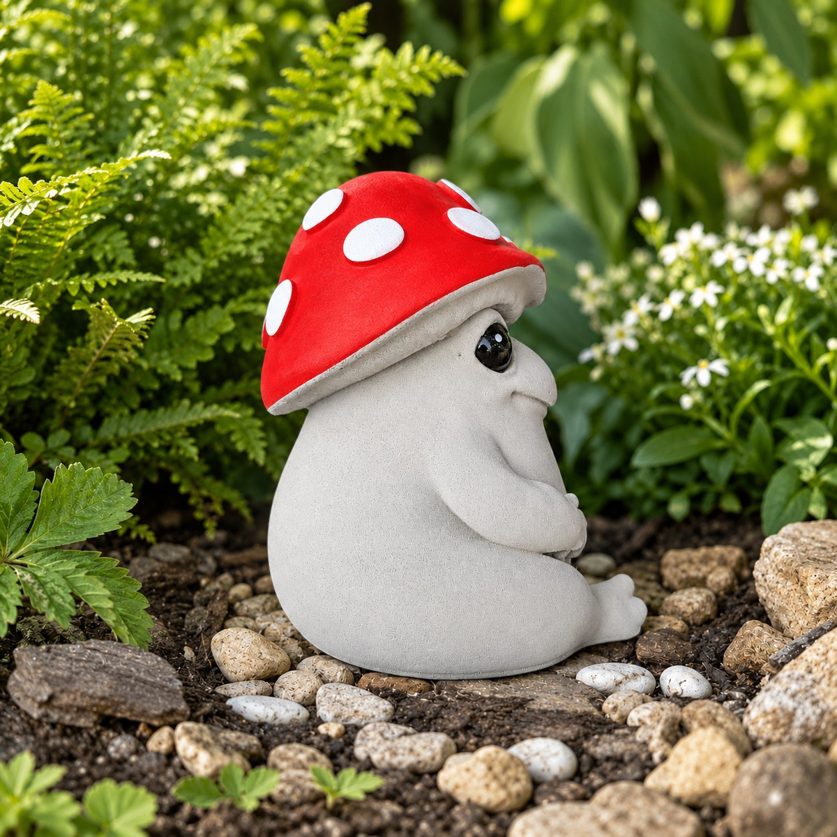 Side view of Mallowcap garden ornament showing red mushroom cap and seated cast stone body