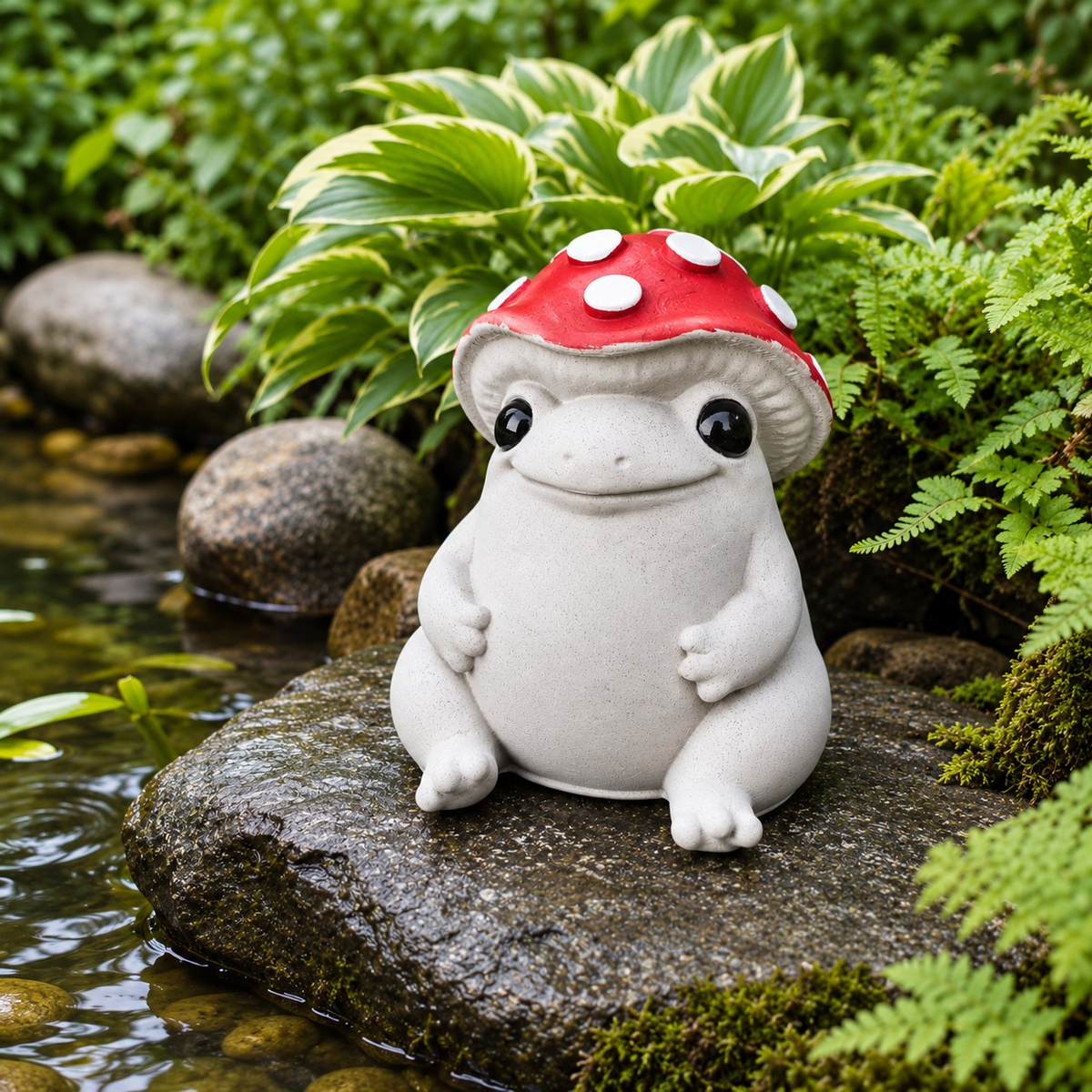 Mallowcap cast stone frog creature garden sculpture sitting on a mossy stone beside water
