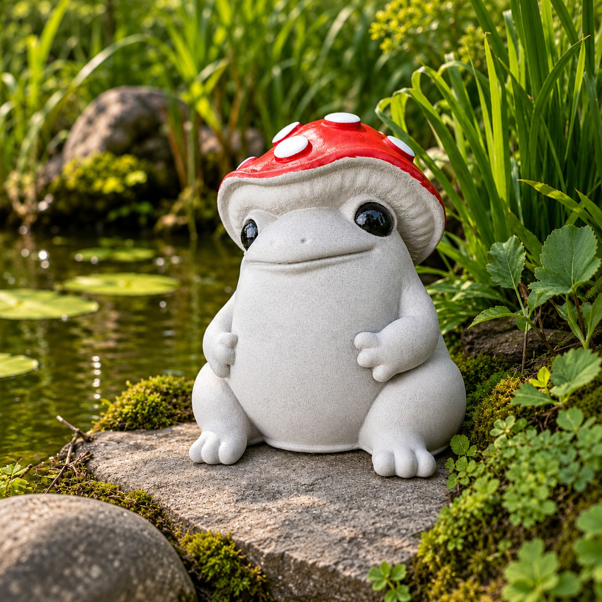 Three-quarter view of Mallowcap mushroom frog statue with red cap in a pond garden scene
