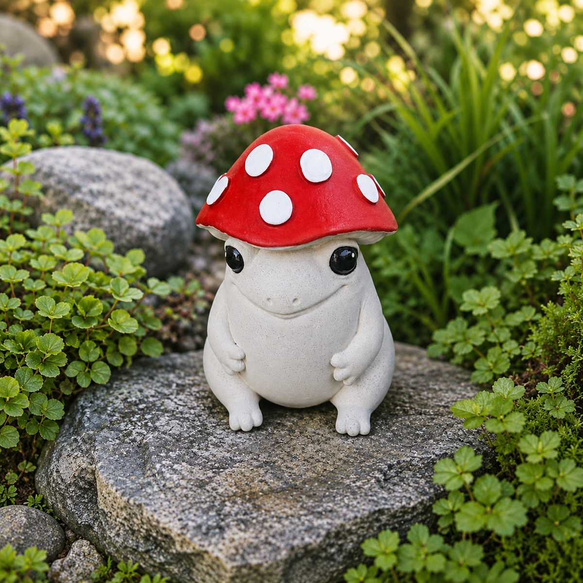 Portrait view of Mallowcap mushroom frog garden ornament with red cap and white spots