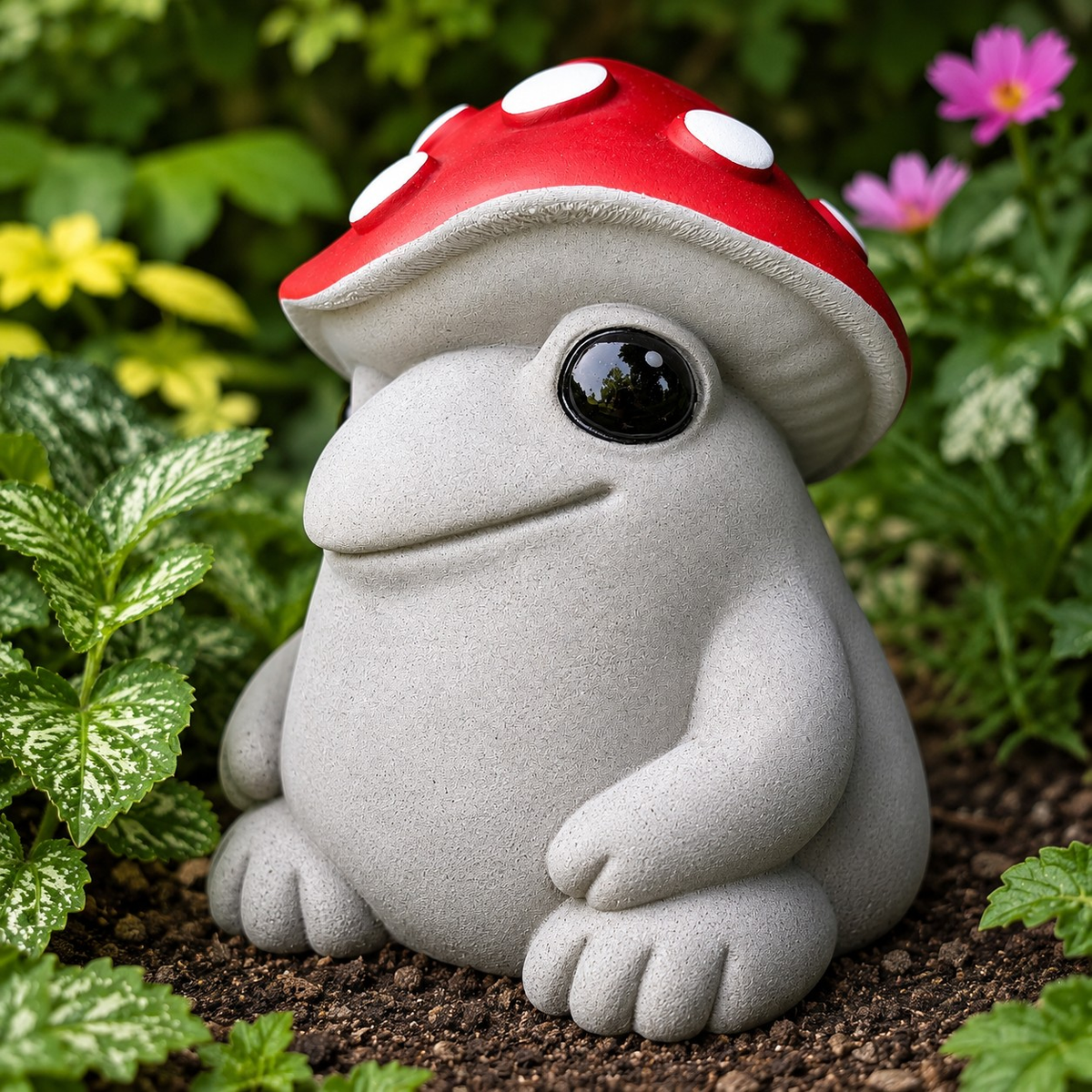 Close-up detail of Mallowcap mushroom frog face with black eye and red spotted cap