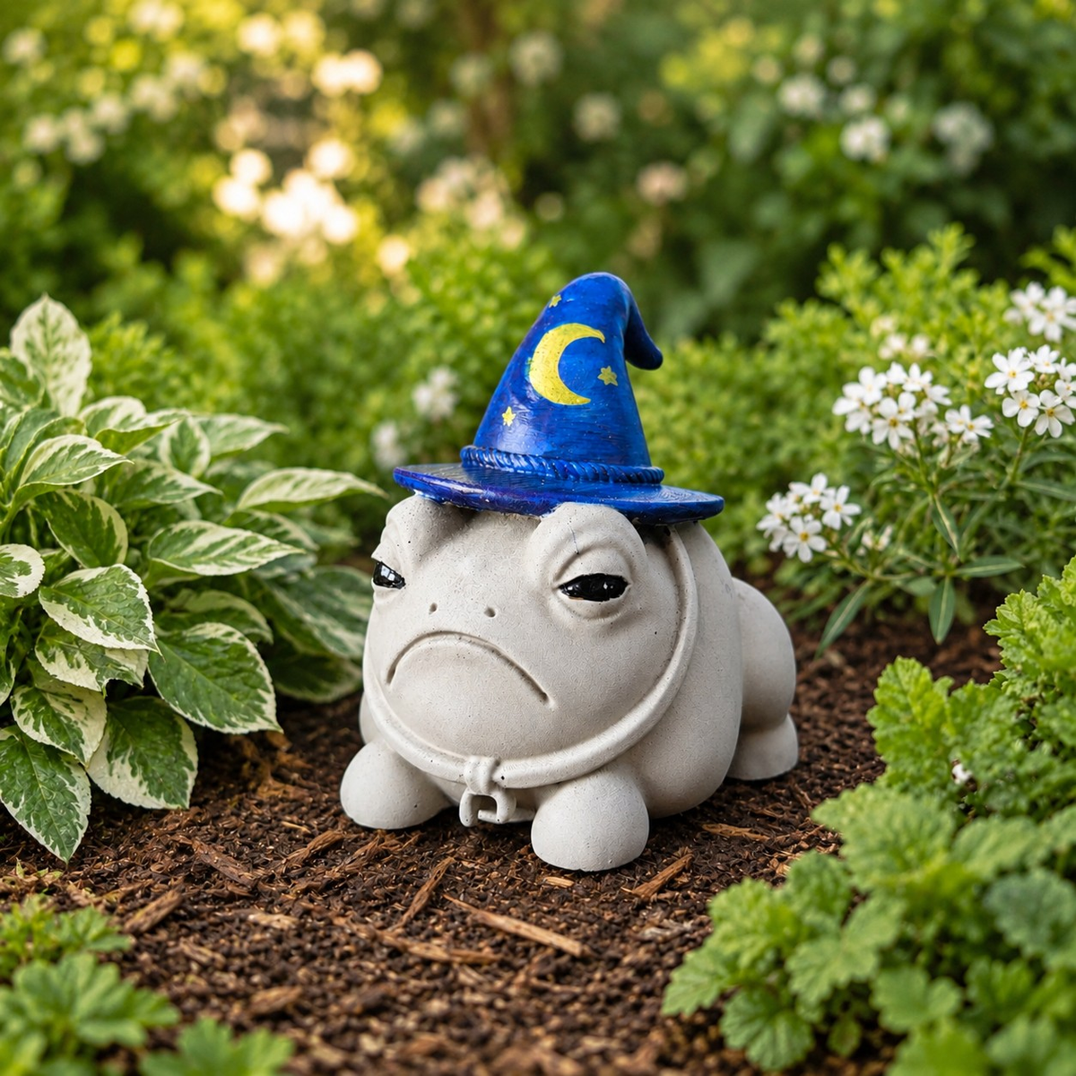 Professor Grumbletoad grumpy frog ornament sitting among garden plants