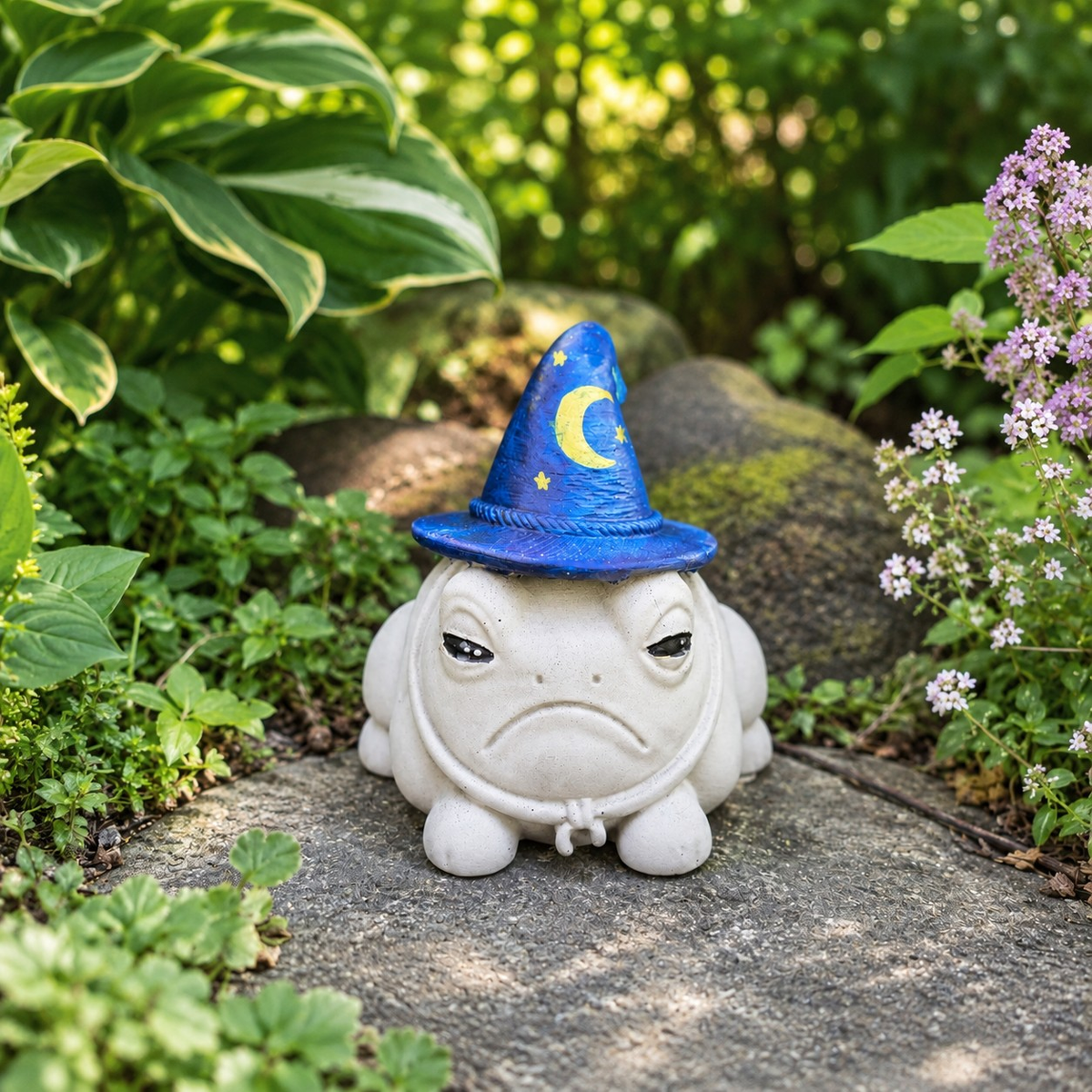 Front view of Professor Grumbletoad wizard frog statue with blue hat and frowning face
