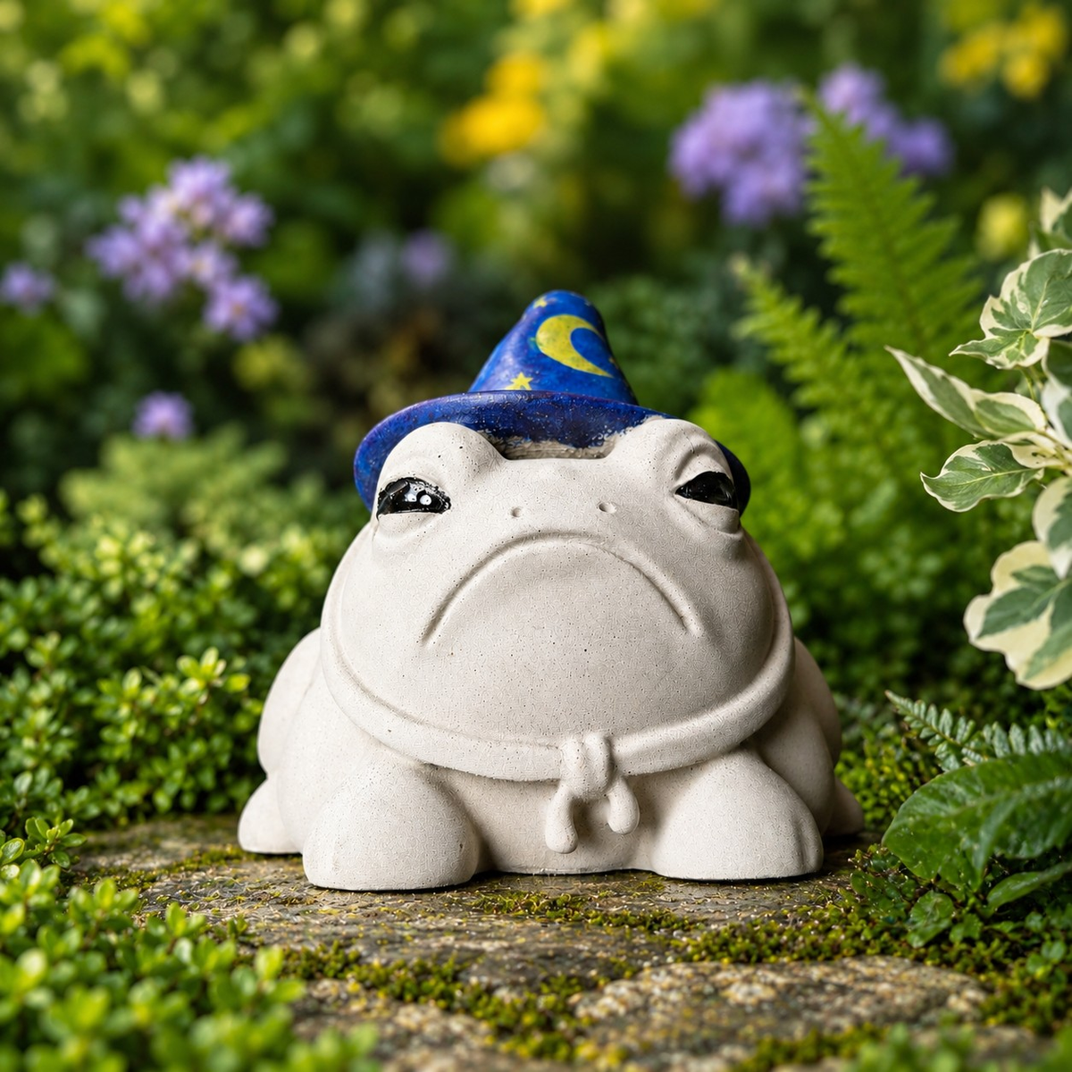 Close front detail of Professor Grumbletoad cast stone frog garden sculpture