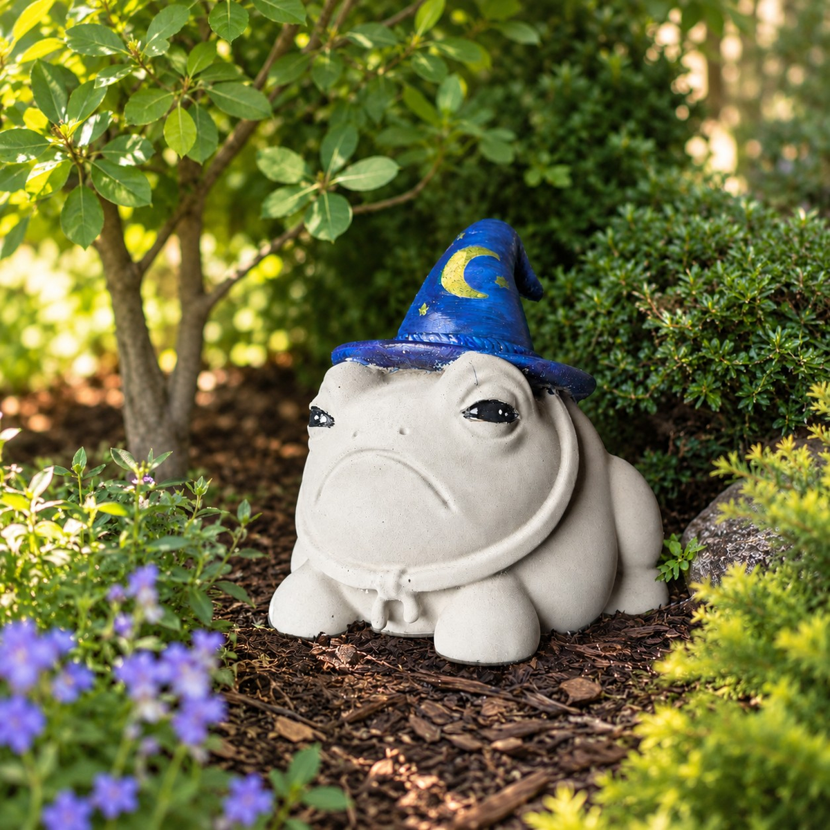 Professor Grumbletoad garden ornament with blue wizard hat in a planted border