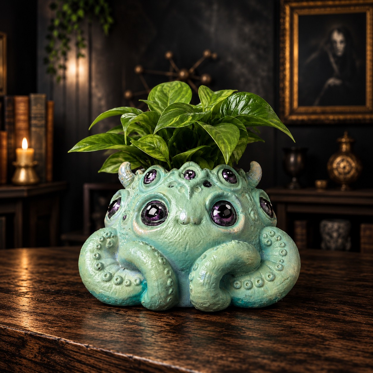 Noodle cosmic horror plant pot styled indoors with a green houseplant
