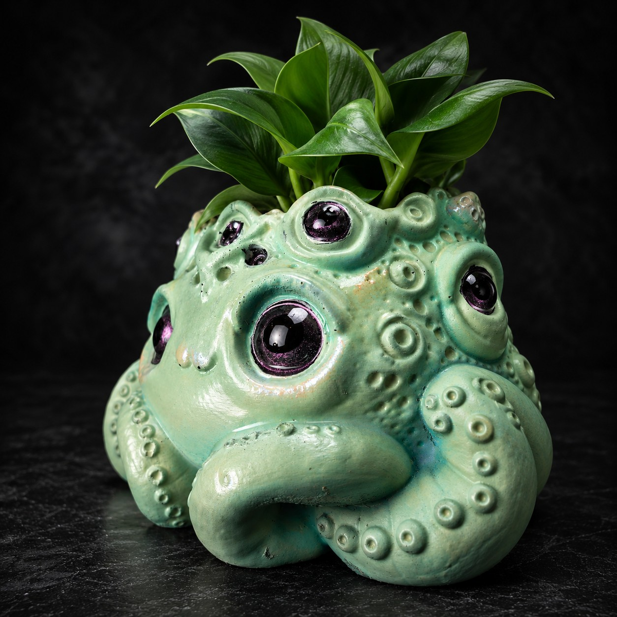 Close-up of Noodle many eyed tentacle planter with purple eye detail