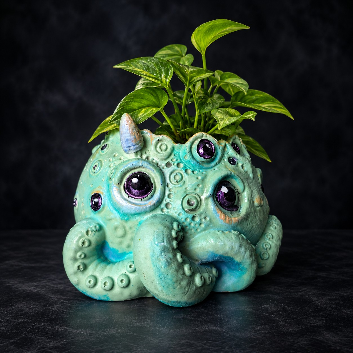 Side angle of Noodle many eyed monster planter with curled tentacles