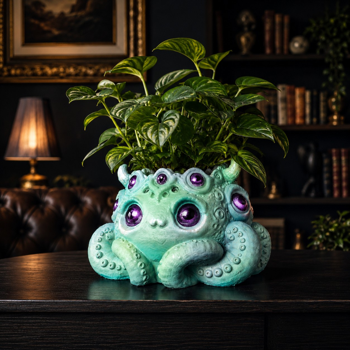 Noodle tentacle plant pot in a dark home decor setting with houseplant