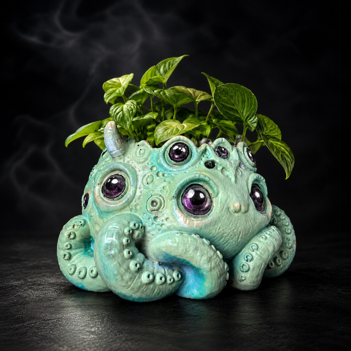 Angled view of Noodle cosmic horror plant pot with mint green finish
