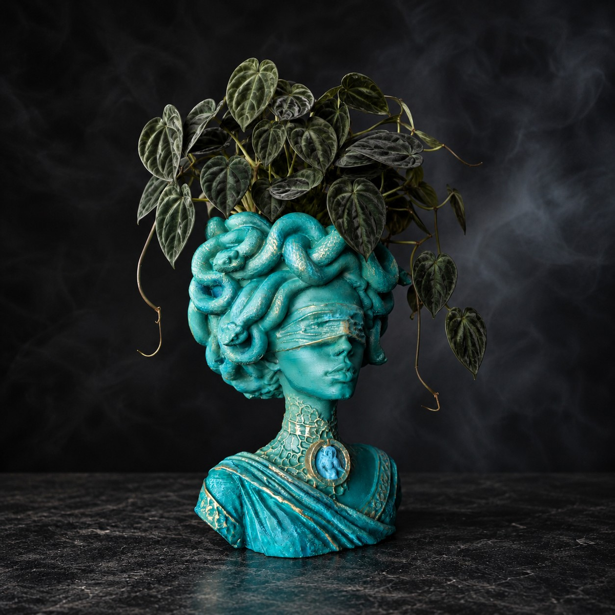 Side view of Medusa Still Standing teal and gold snake head planter with dark foliage