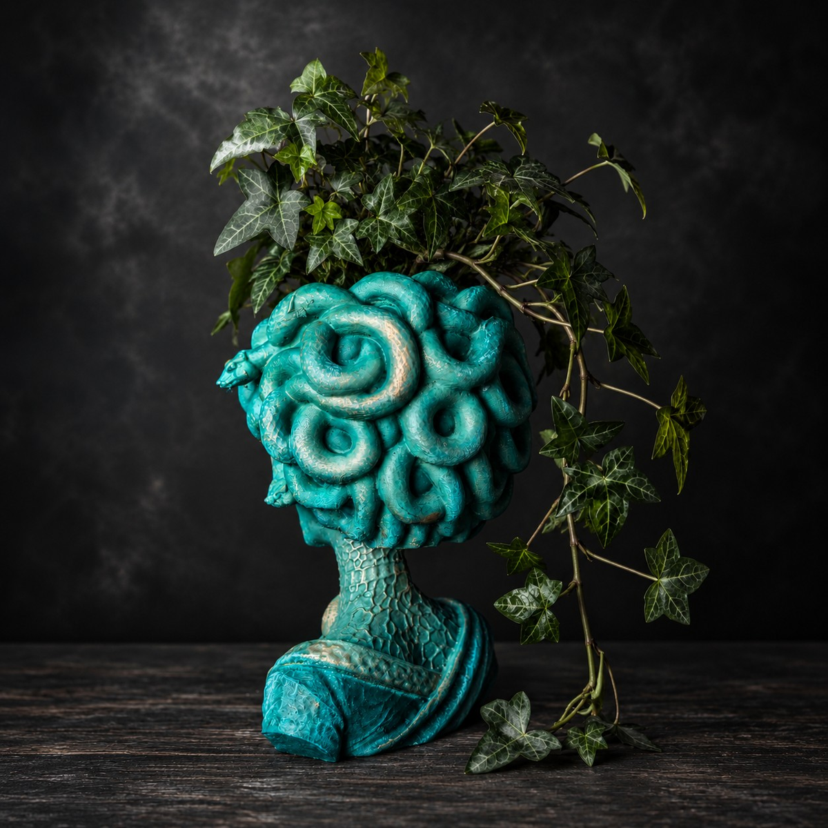 Back view of Medusa Still Standing cast stone planter with sculpted snake hair