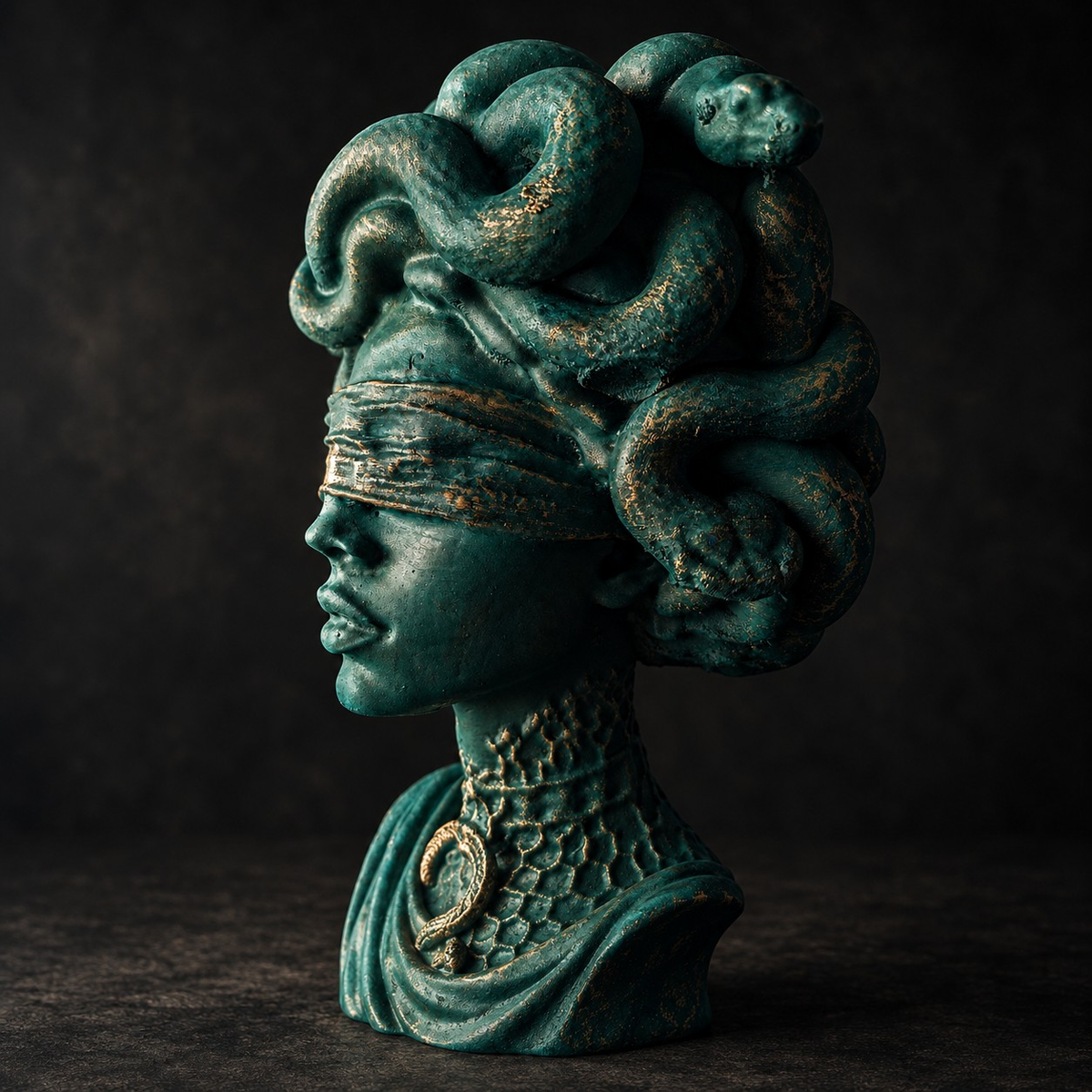 Close-up of Medusa Still Standing blindfold and snake detail with antique gold highlights