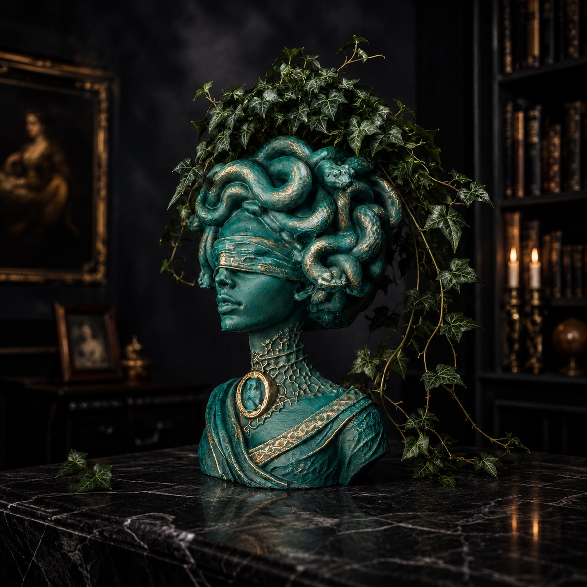 Medusa Still Standing styled indoors as a gothic Medusa head planter with trailing ivy