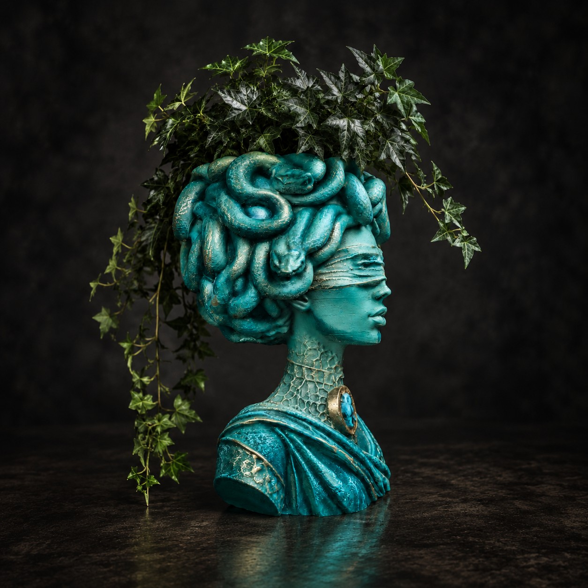 Profile view of Medusa Still Standing blindfolded Medusa planter with snake hair detail