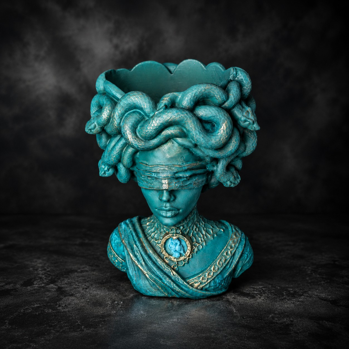 Open top view of Medusa Still Standing plant pot showing planter cavity and snake crown