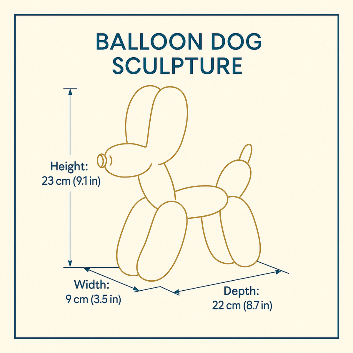 Balloon dog ornament dimensions diagram, 23 by 9 by 22 centimetres