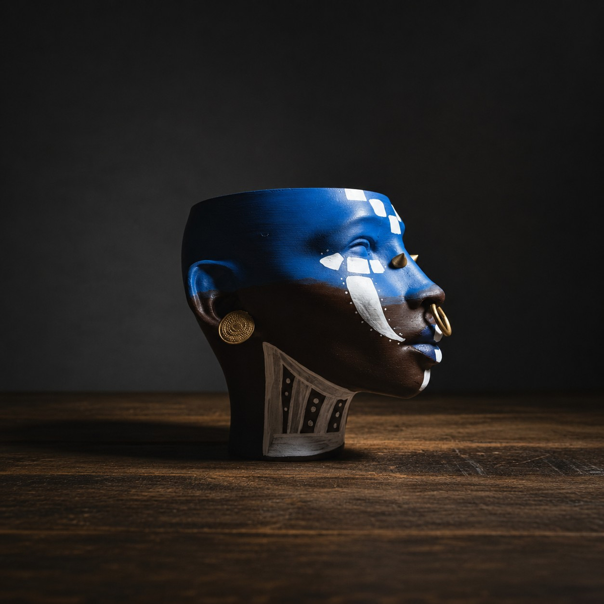 Ashanti Warrior Head Planter - Blue profile on dark wood