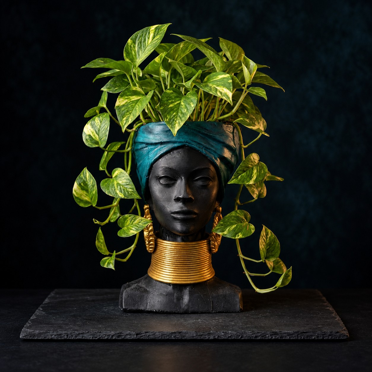 Golden Grace African Woman Head Planter - Planted pothos