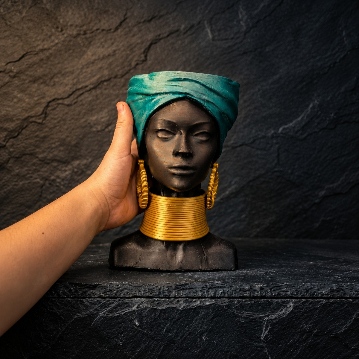 Golden Grace African Woman Head Planter - Studio hand scale