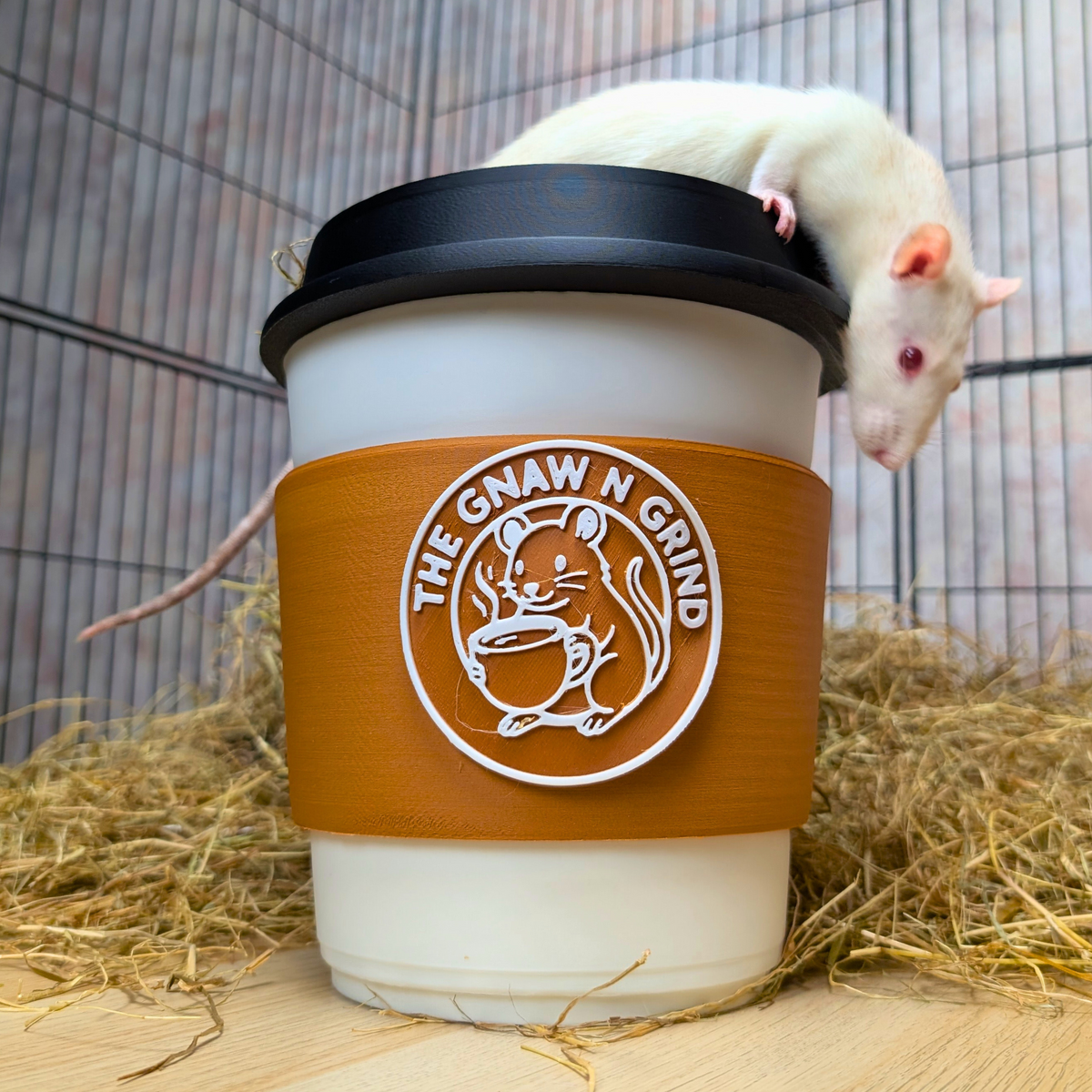 Coffee cup rat hide with custom Gnaw N Grind emblem and black lid