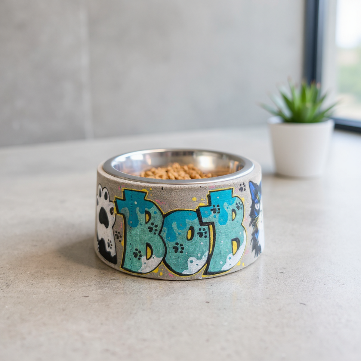Personalised Graffiti Pet Bowl with cat portrait and food