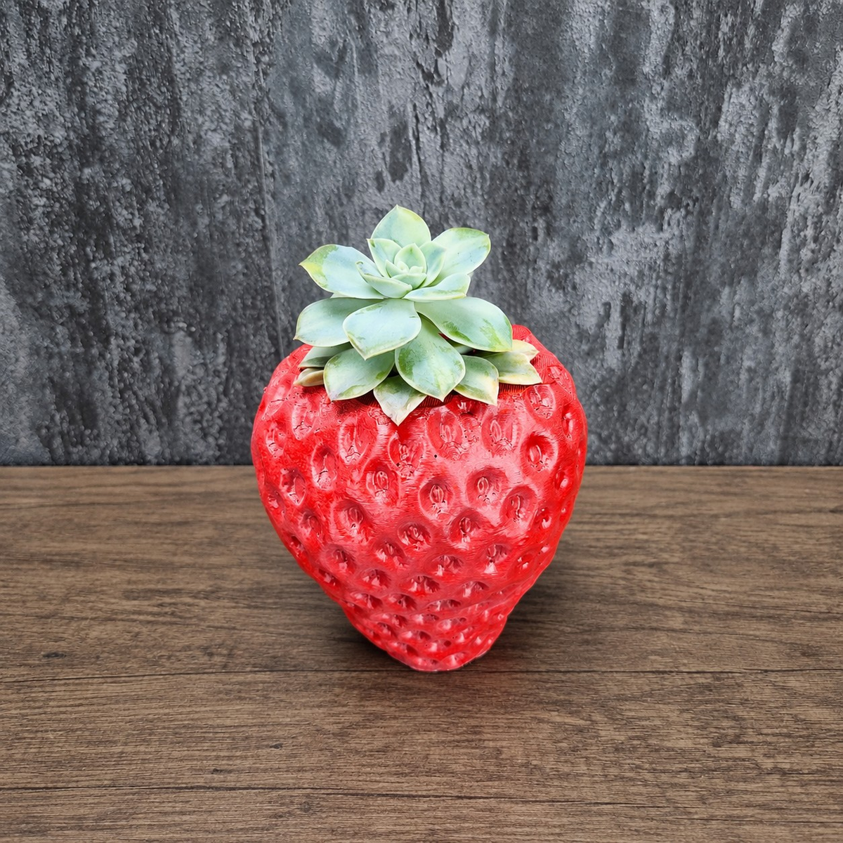 Red strawberry planter filled with a pale green succulent