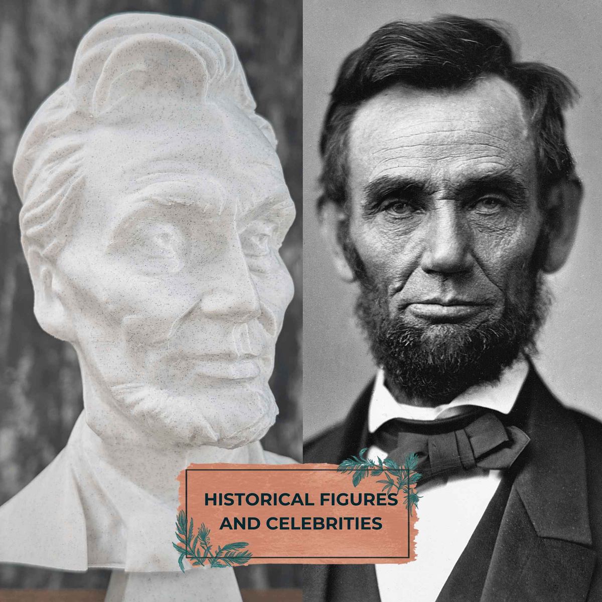 Abraham Lincoln photograph beside a sculpted portrait bust in side profile