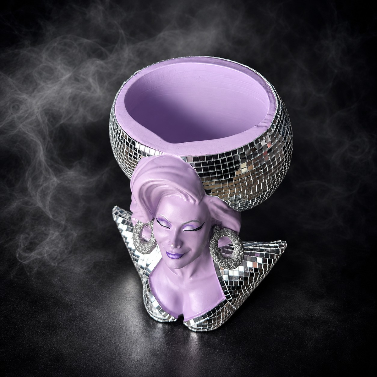 Top view of Mother Mirrorball showing the planter opening and sculpted bust