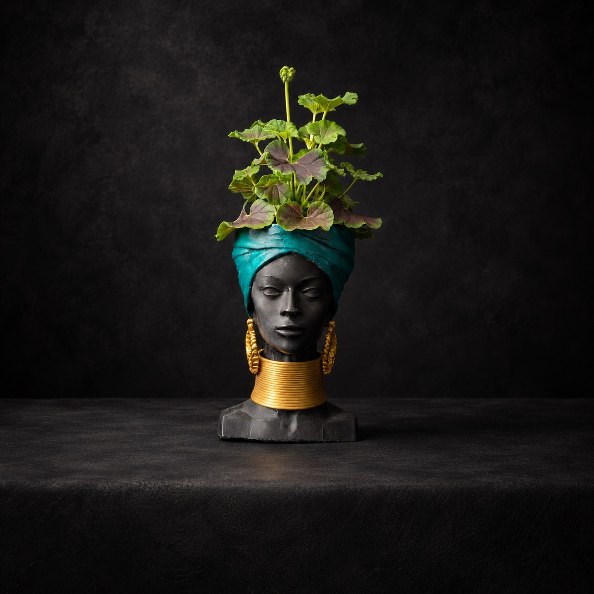 Golden Grace African Woman Head Planter - Studio planted front