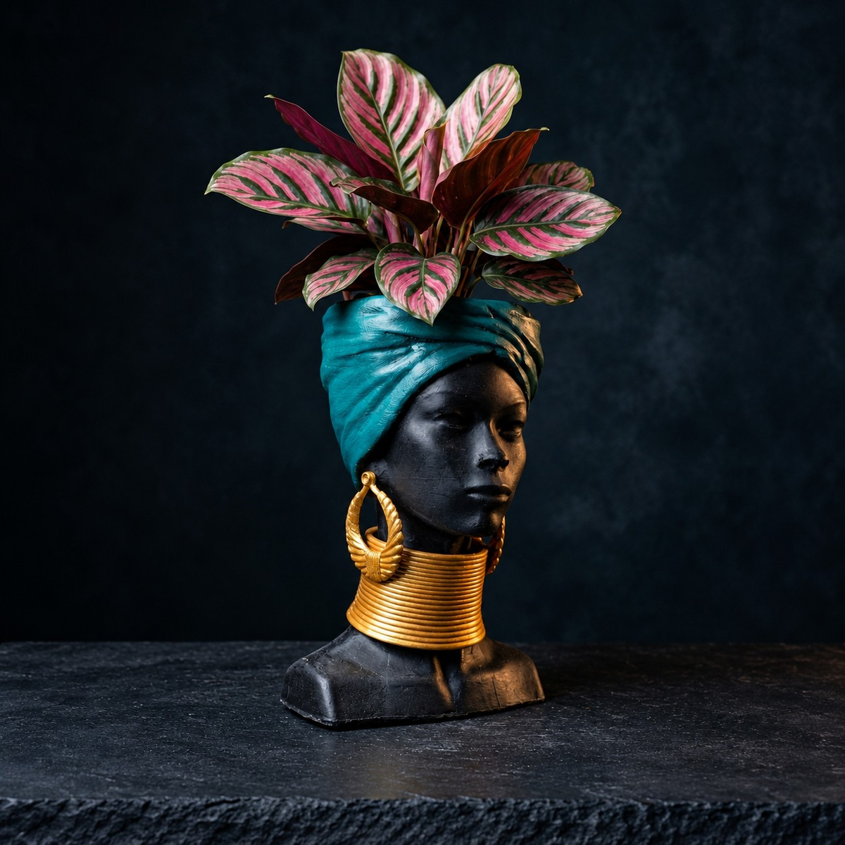 Golden Grace African Woman Head Planter - Planted calathea