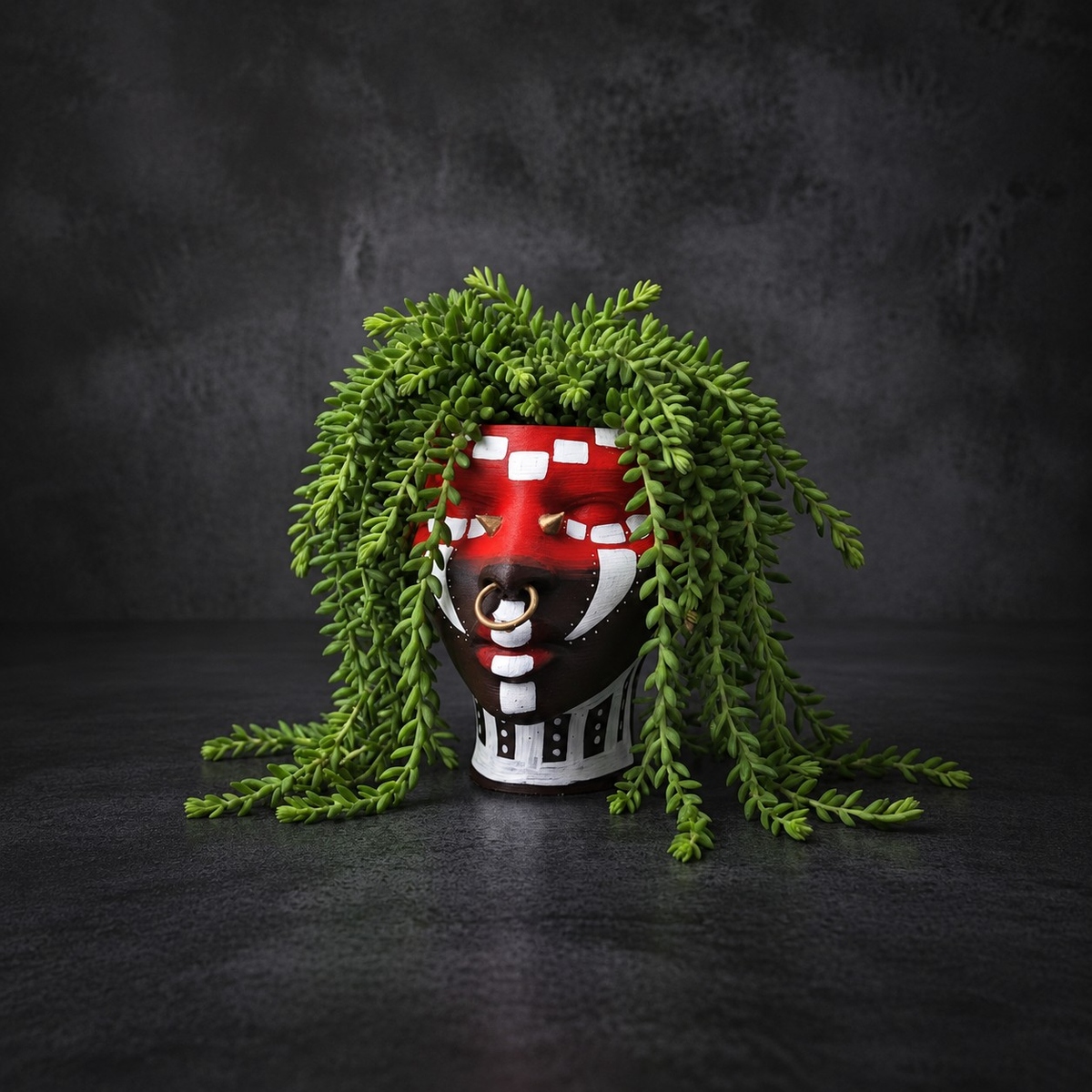 Ashanti Warrior Head Planter - Red with burros tail plant