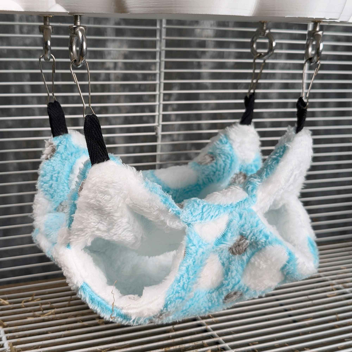 Interior of the blue and white hanging rat hammock
