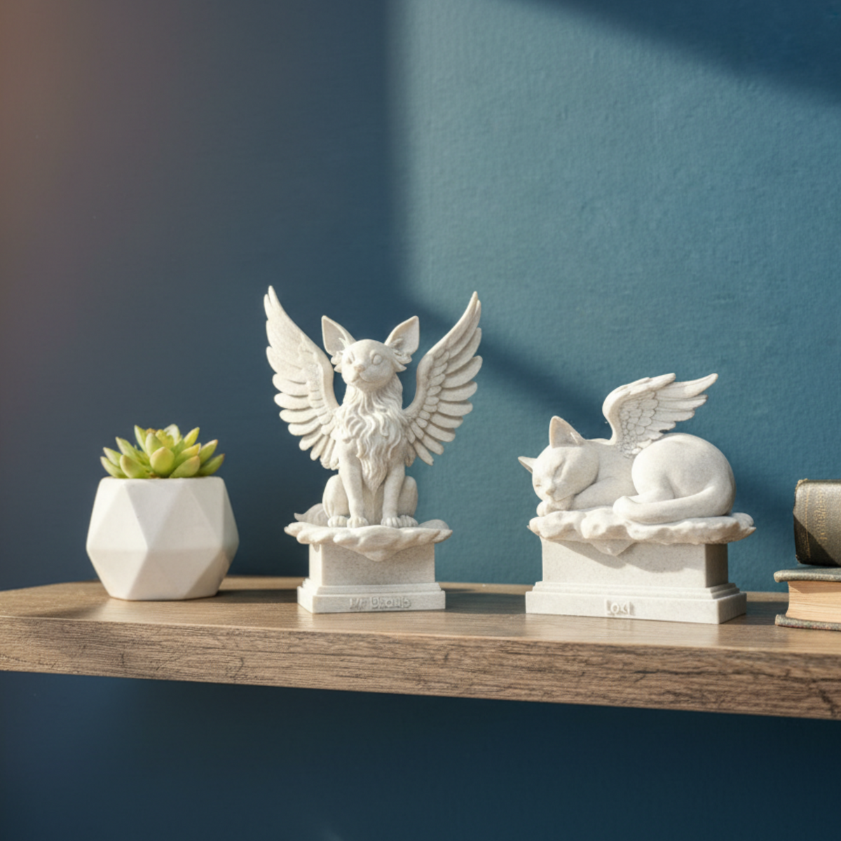 Custom Pet Memorial Angel Statue from Photo: two white angel pet memorial sculptures on a dark tabletop