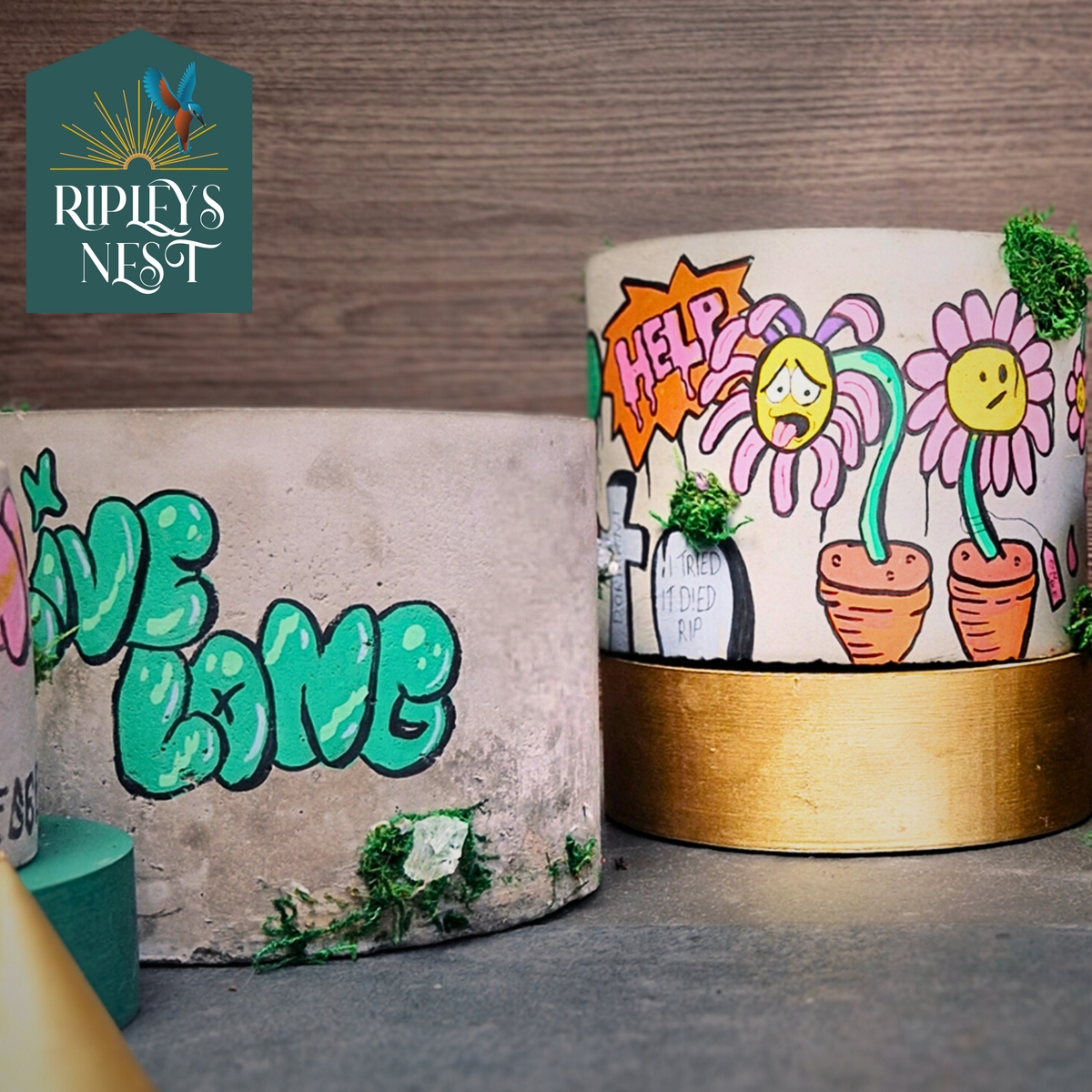 Two custom graffiti planters with Love and Help artwork