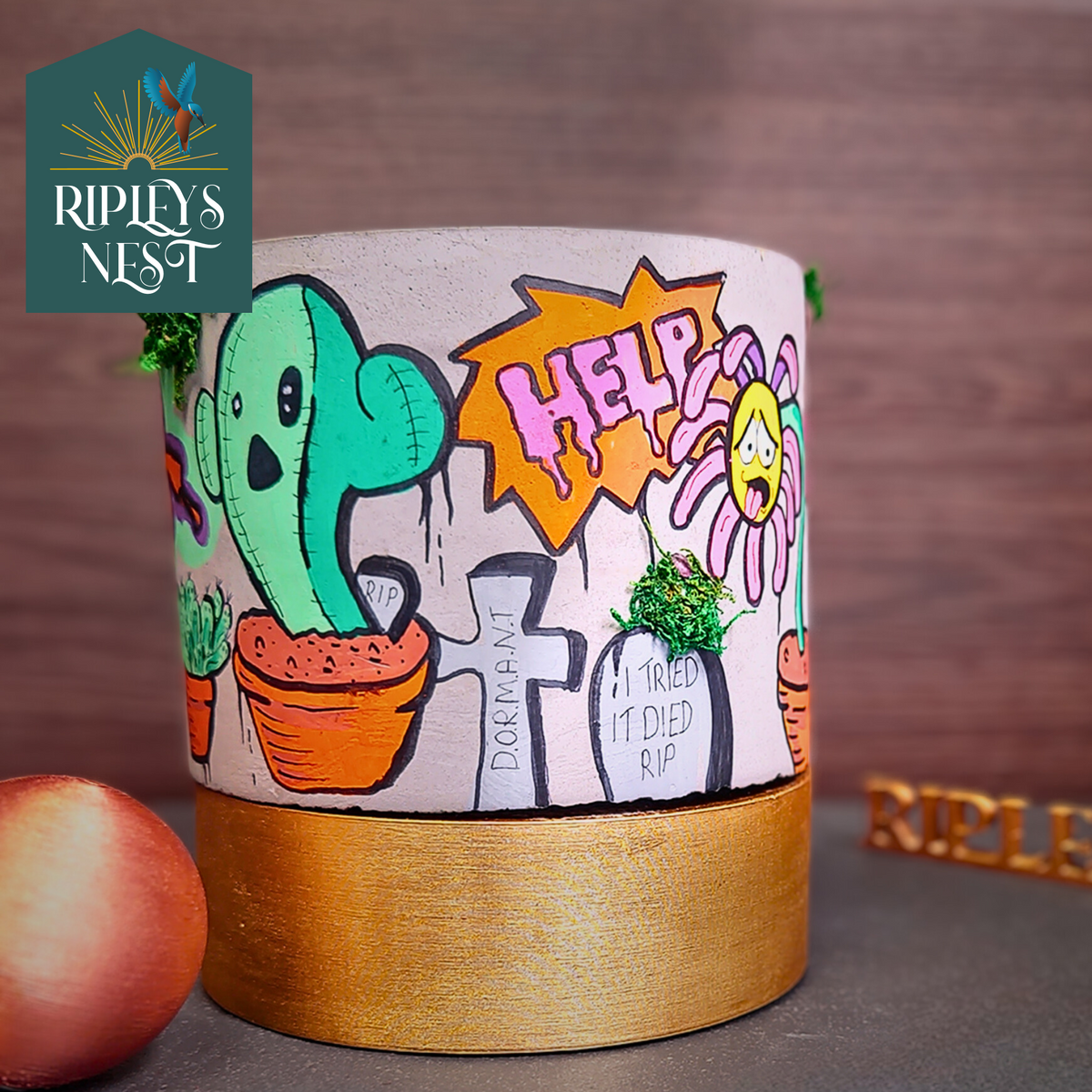 Help-themed graffiti planter with flowers on a gold base