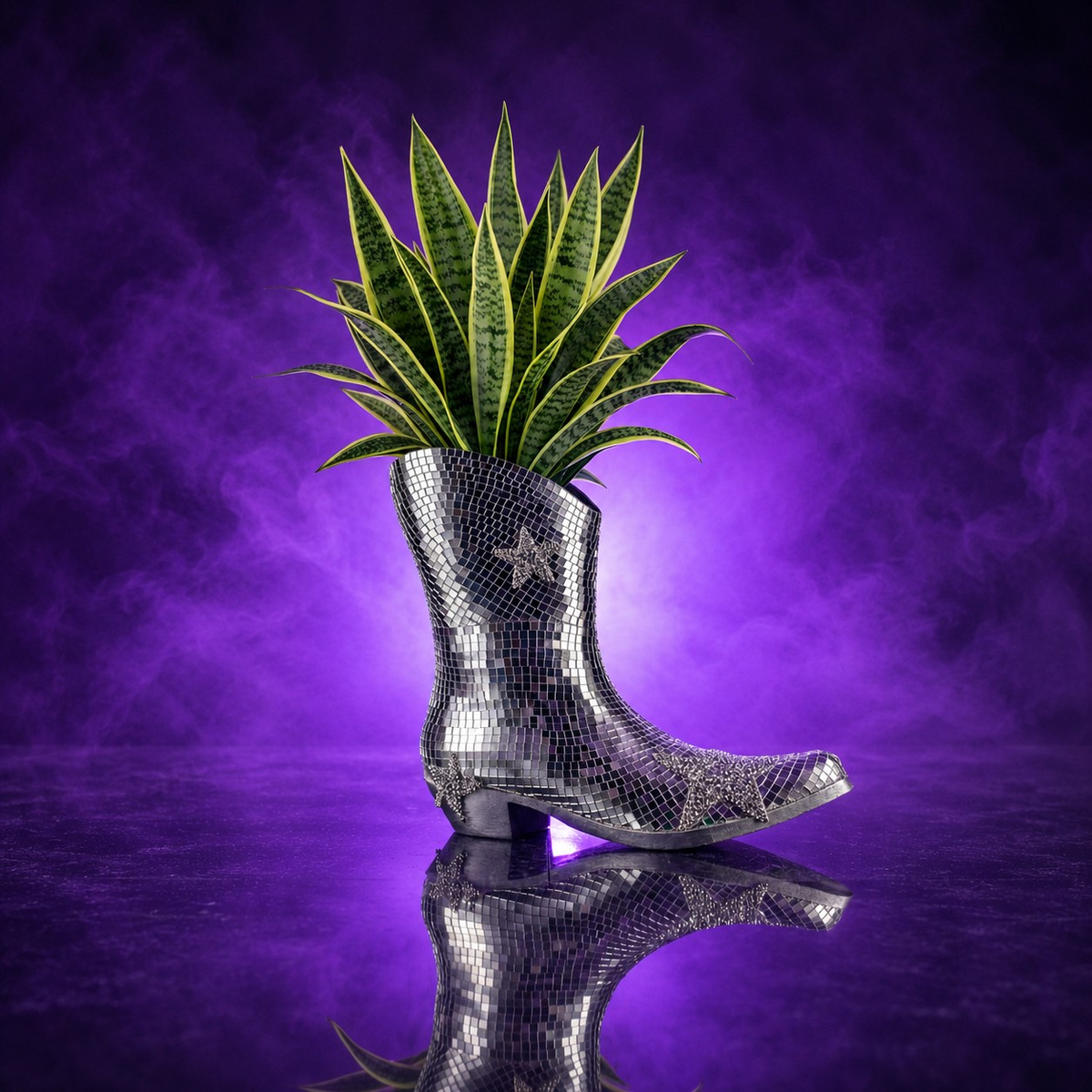 Mirror-tile cowboy boot planter filled with a snake plant on a reflective purple surface