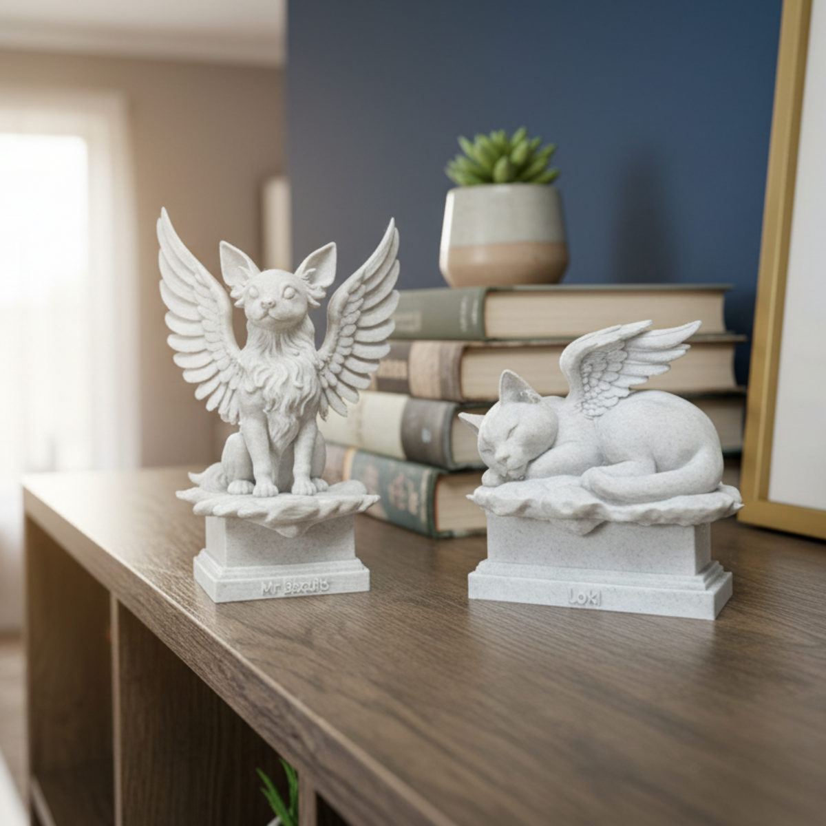 Custom Pet Memorial Angel Statue from Photo: two pet memorial statues on console