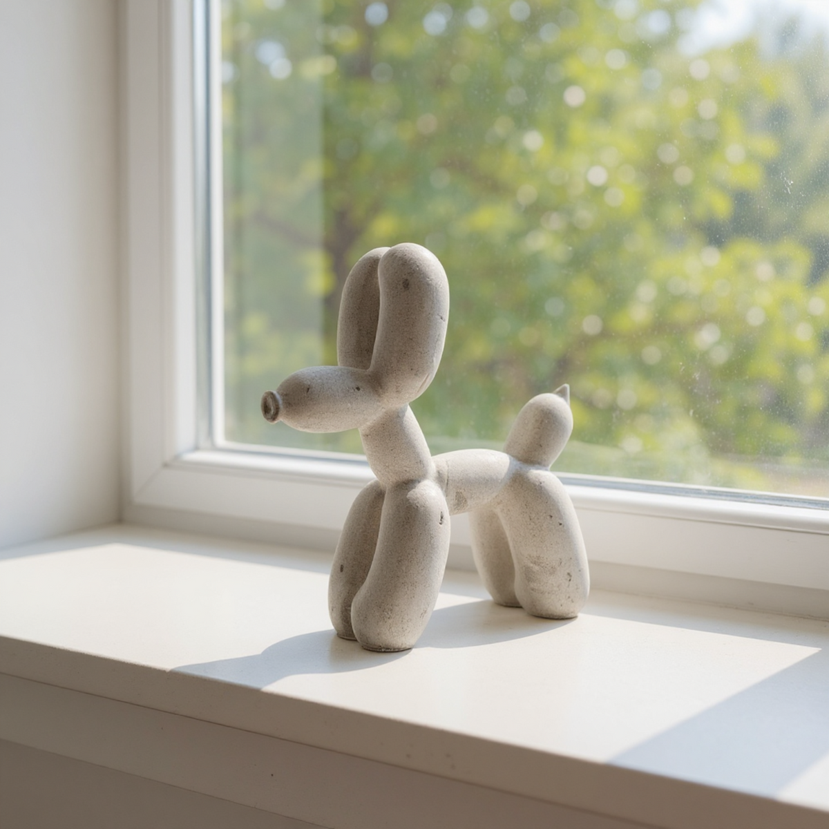 Cast stone balloon dog ornament displayed on a windowsill
