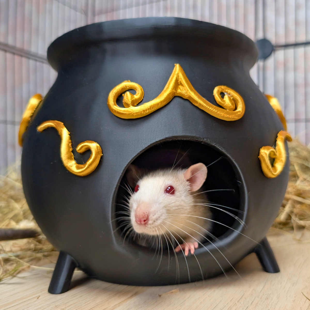 Witch Cauldron Rat Hide with white rat at entrance