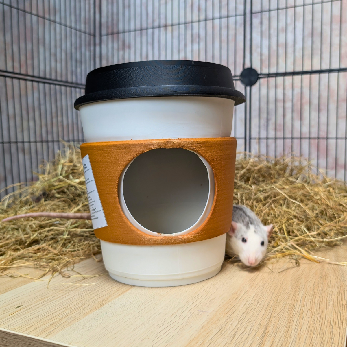 Coffee Cup Rat Hide: coffee-cup hide with black lid and round doorway