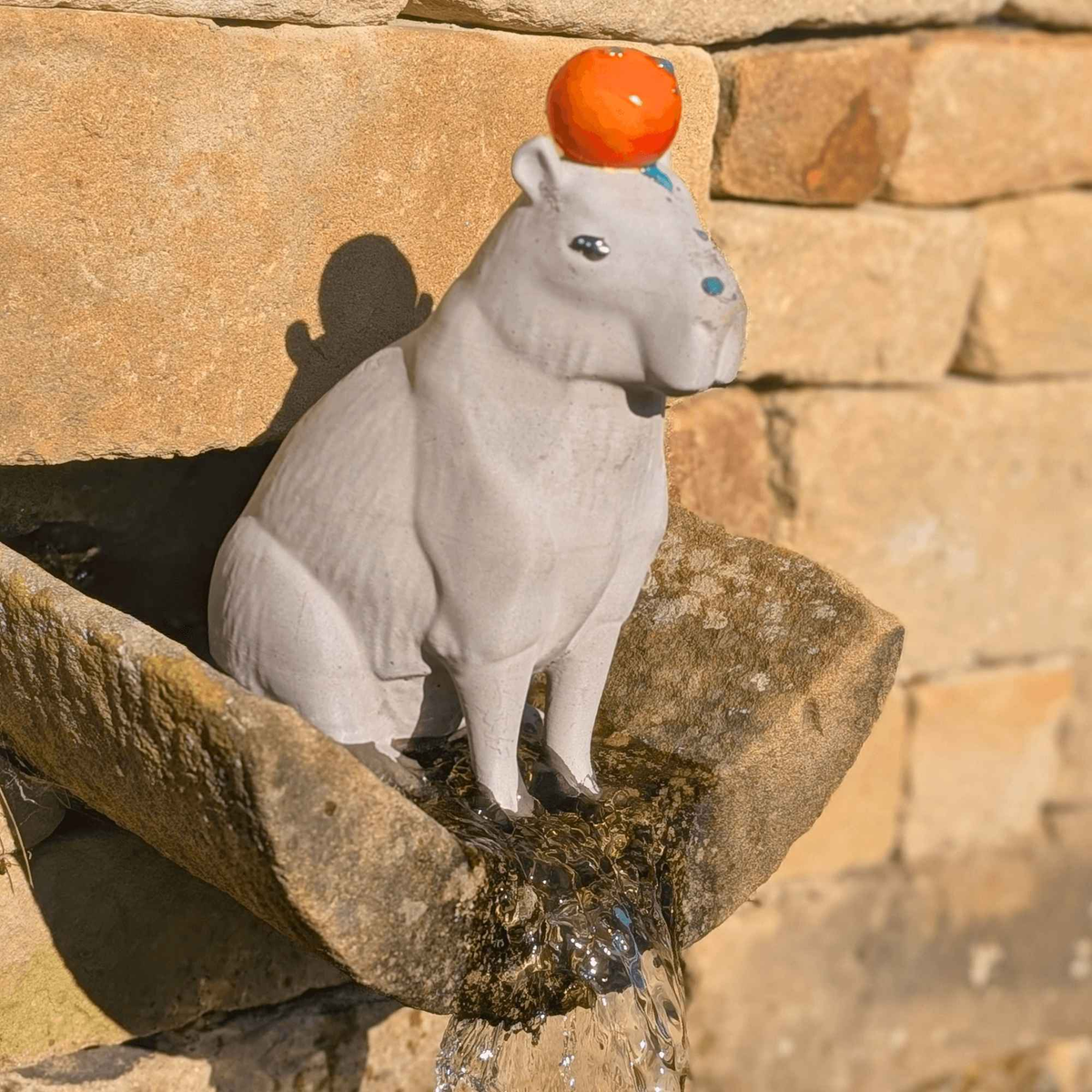 Cast stone capybara with orange beside a garden water feature