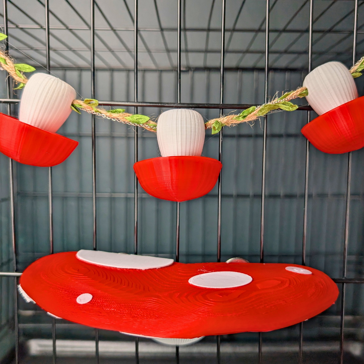 Mushroom Rat Shelf Pair: Red mushroom shelf with forage cups mounted above it