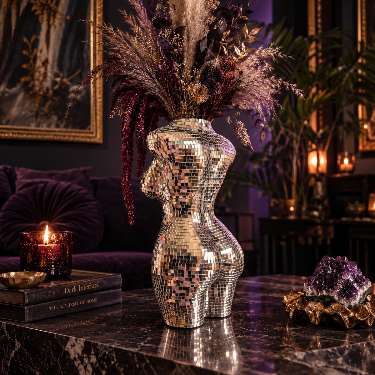 Large Glam Goddess vase styled with dried flowers; flowers and accessories not included