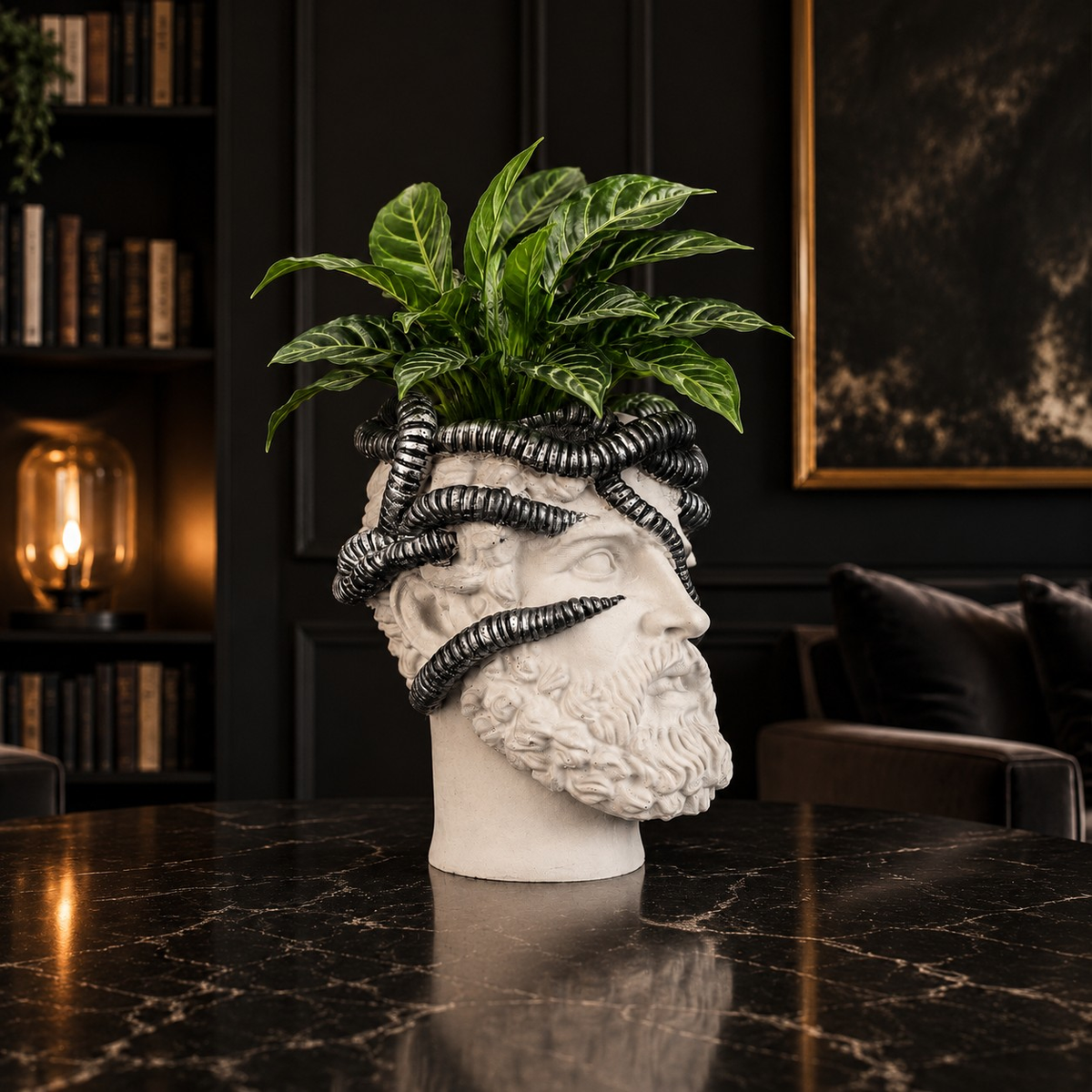 Side lifestyle view of Aristotle.exe with green houseplant